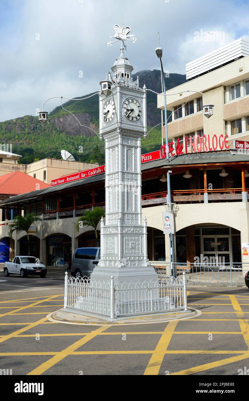 Clock Tower on the corner of Albert Street and Independence Avenue, capital Victoria, Mahe Island, Seychelles Stock Photo