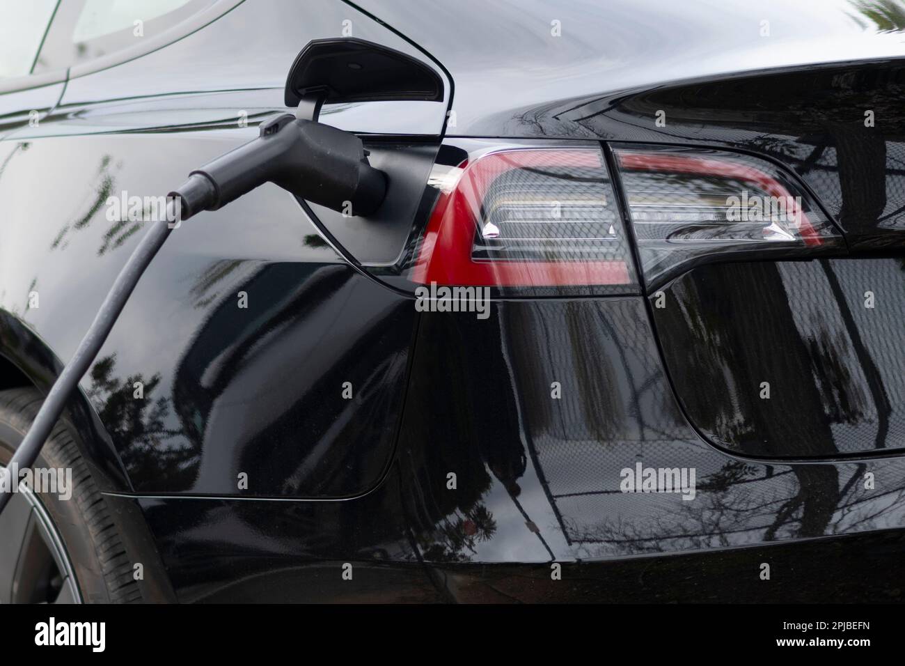 Santa Monica, California, USA. 31st Mar, 2023. A black Tesla Model S