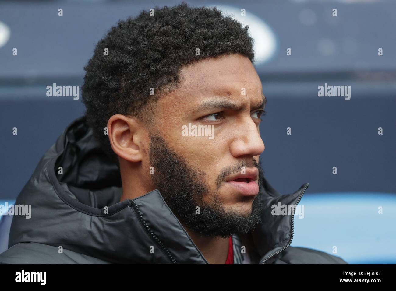 Joe Gomez #2 of Liverpool during the Premier League match Manchester City  vs Liverpool at Etihad Stadium, Manchester, United Kingdom, 1st April 2023  (Photo by Gareth Evans/News Images Stock Photo - Alamy