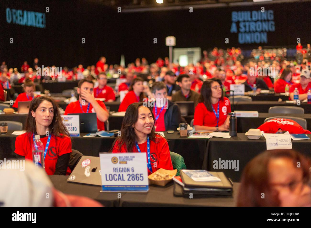 Detroit, Michigan USA, 29 March 2023, Delegates wore red as a symbol of solidarity on the last day of the United Auto Workers bargaining convention. Stock Photo