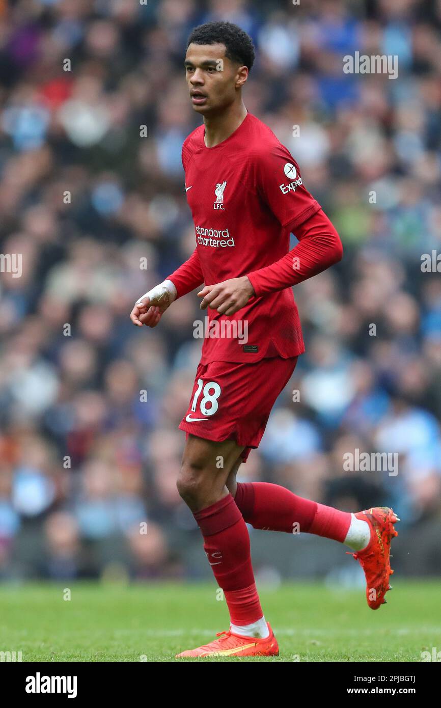 Cody Gakpo #18 of Liverpool during the Premier League match Manchester City vs Liverpool at Etihad Stadium, Manchester, United Kingdom, 1st April 2023  (Photo by Gareth Evans/News Images) Stock Photo