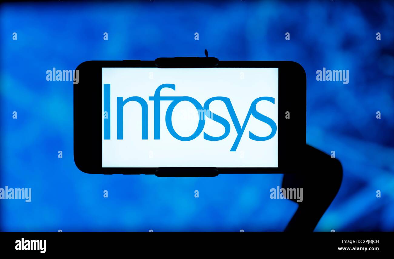 In this photo illustration, the Infosys logo is seen displayed on a ...