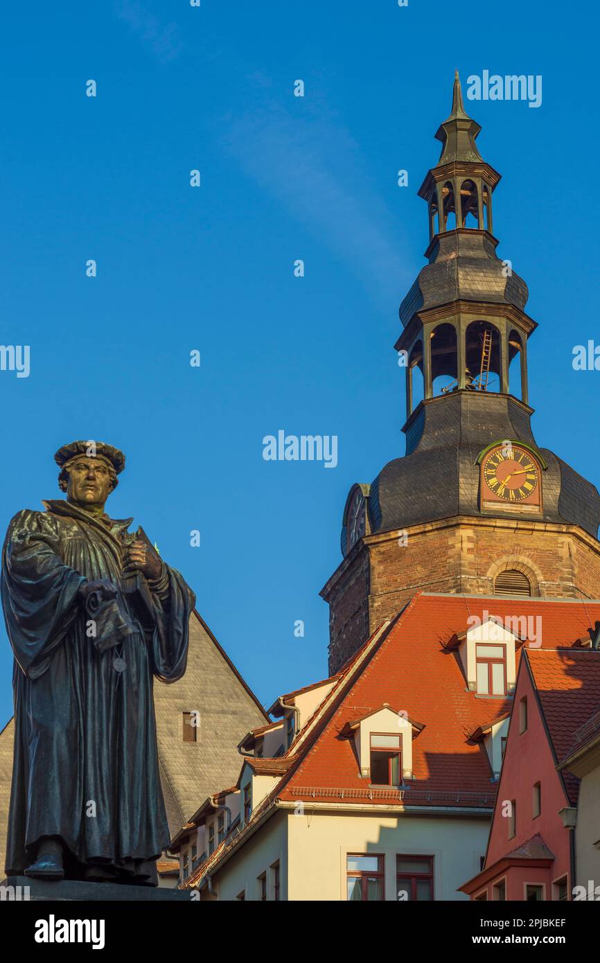 Lutherstadt Eisleben: square Markt, church St. Andreas, Martin Luther monument in Mansfeld, Sachsen-Anhalt, Saxony-Anhalt, Germany Stock Photo