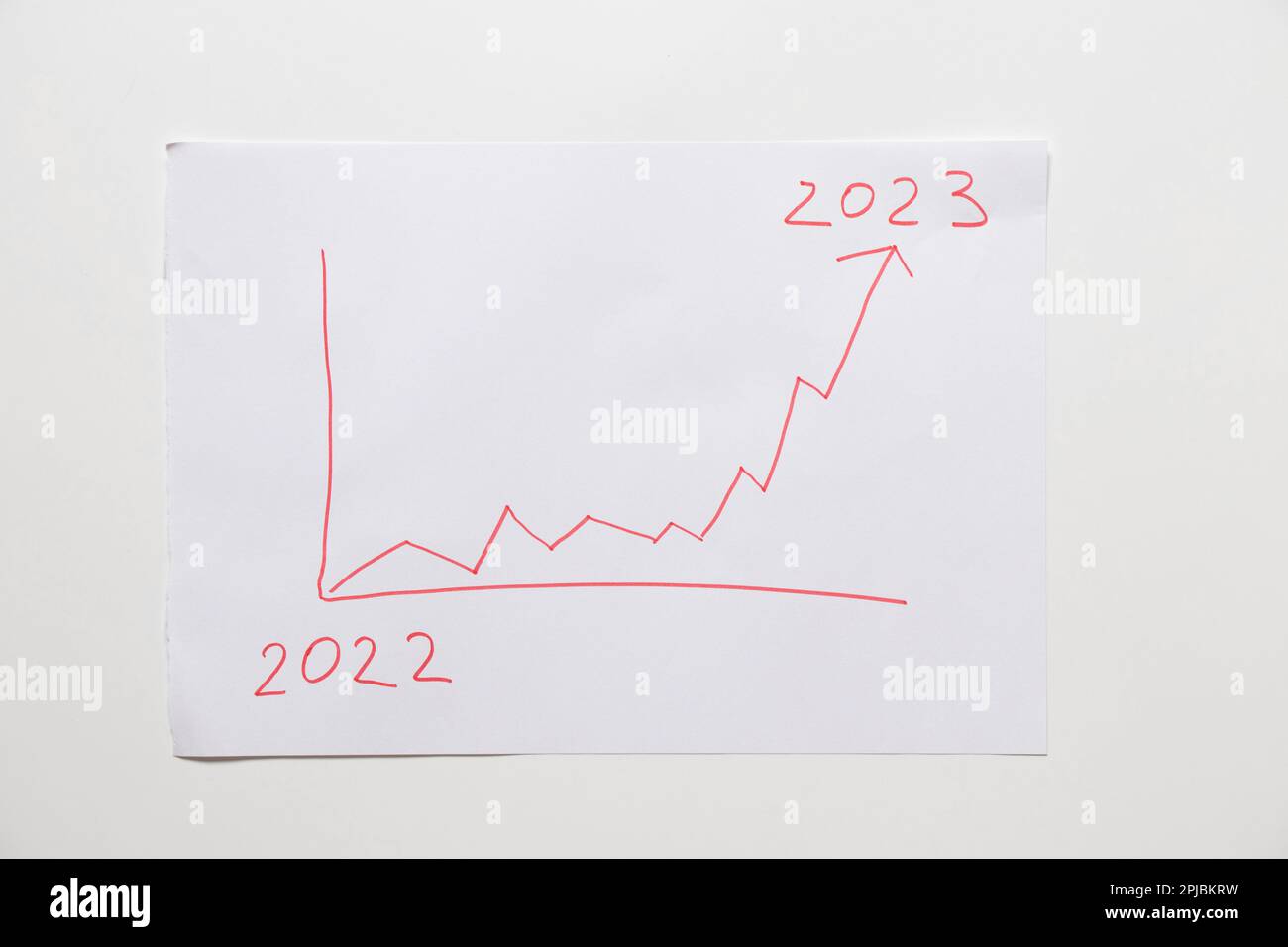 Drawn histogram arrow growing up from the year 2022 to the year 2023 on paper, analytics Stock Photo