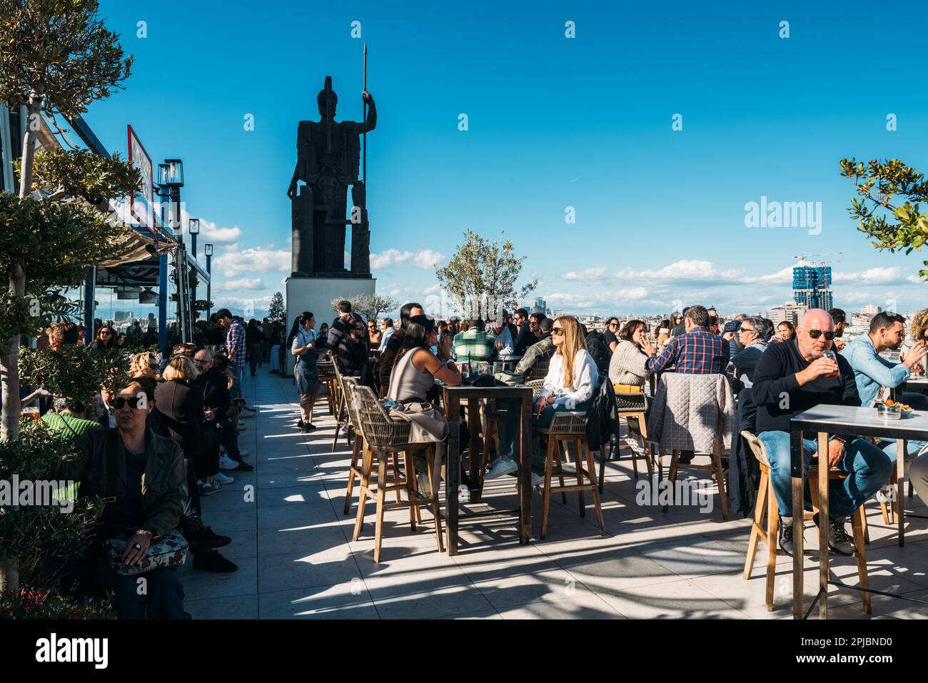 Madrid, Spain - April 1st, 2023: Circle of Fine Arts rooftop pub in Madrid. The roof of the Círculo de Bellas Artes (CBA) has one of the best and most Stock Photo