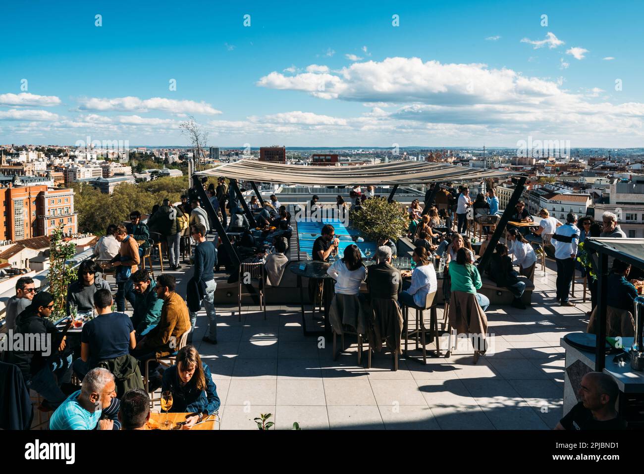 Madrid, Spain - April 1st, 2023: Circle of Fine Arts rooftop pub in Madrid. The roof of the Círculo de Bellas Artes (CBA) Stock Photo