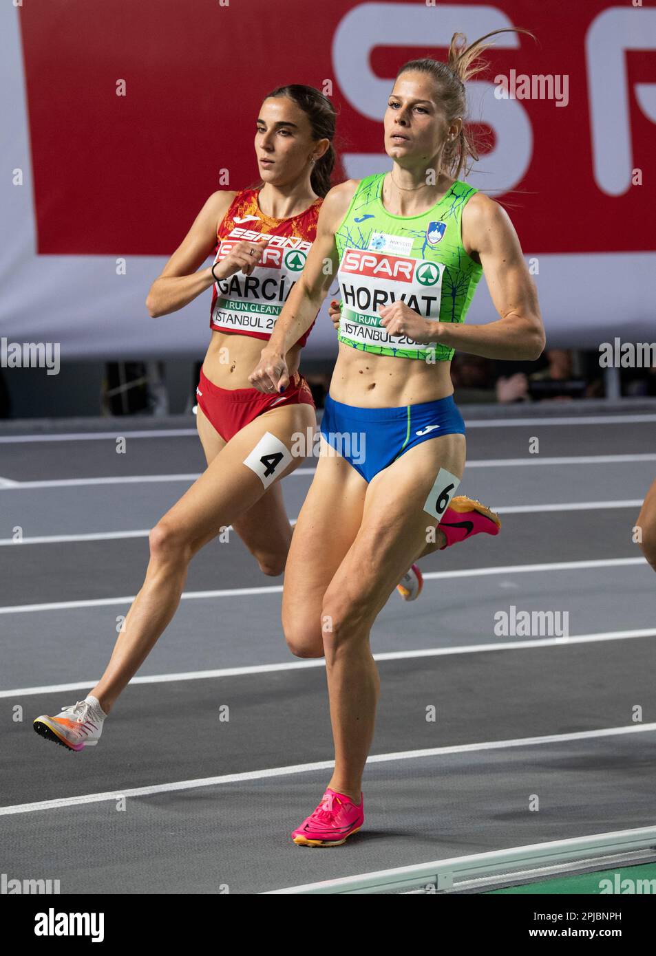 Daniela García of Spain and Anita Horvat of Slovenia competing in the women’s 800m heats at the European Indoor Athletics Championships at Ataköy Athl Stock Photo