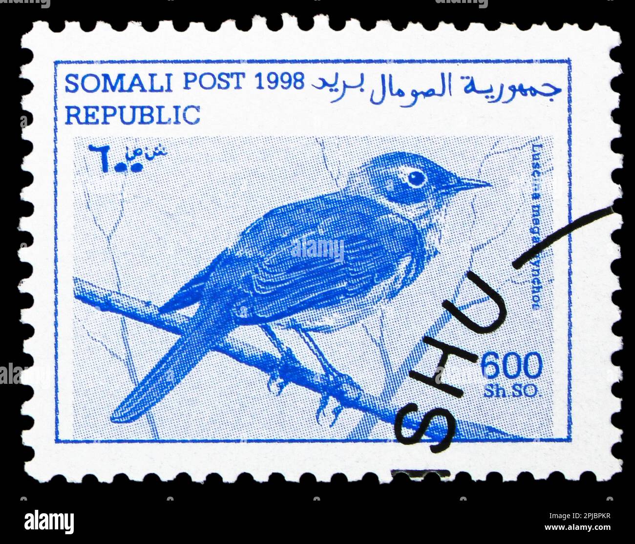 MOSCOW, RUSSIA - MARCH 26, 2023: Postage stamp printed in Somalia shows Nightingale (Luscina megarhynchus), serie, circa 1998 Stock Photo