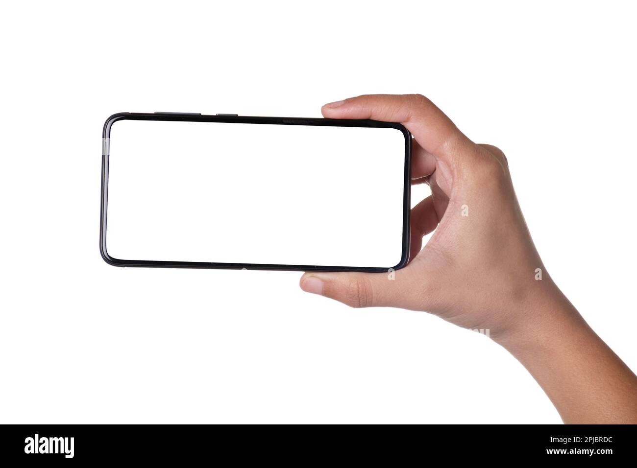 Horizontal hold blank screen smartphone in hand isolated on white background with clipping path Stock Photo