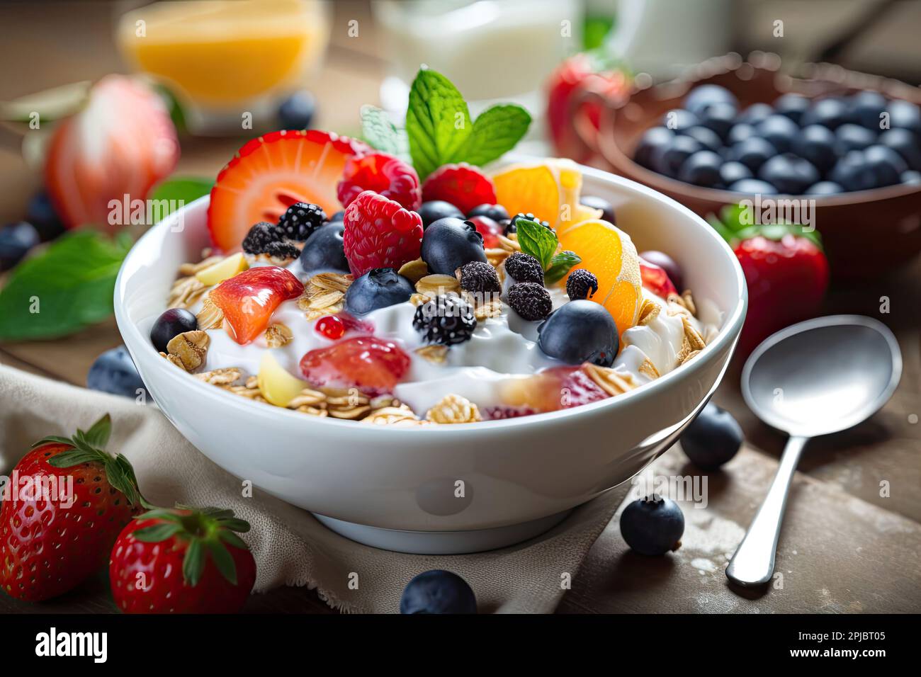 An AI generated illustration of a healthy yogurt bowl with oats and fruits on a messy table