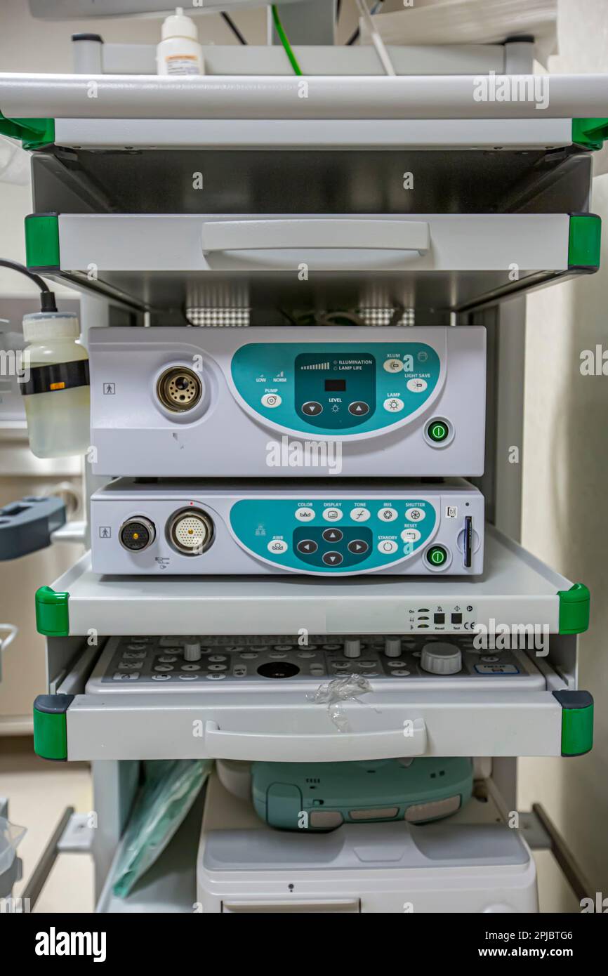 Modern endoscopy equipment kit. Electronic video Endoscopy System. A