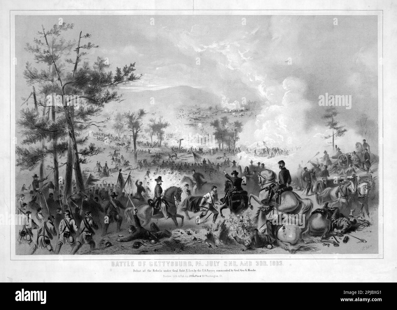 An illustration of the Battle of Gettysburg during the American Civil War. The Battle of Gettysberg represented the end of the Confederate troops northern movement and their defeat at Gettysburg is often seen as the turning point of the war. The battle saw 200,000 men meet in combat, with a combined death count of 8000. Stock Photo