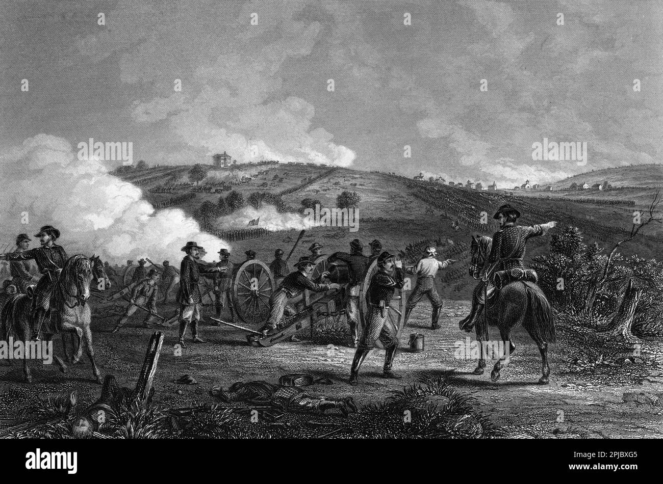 'Battle of Gettysburg, PA.' Steel Engraving by J.R. Chapin. The Battle of Gettysberg represented the end of the Confederate troops northern movement and their defeat at Gettysburg is often seen as the turning point of the war. The battle saw 200,000 men meet in combat, with a combined death count of 8000. Stock Photo