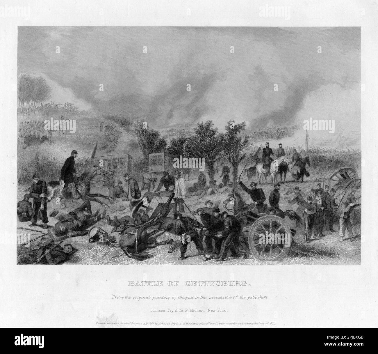 'Battle of Gettysburg.' Steel engraving by Alonzo Chappel. The Battle of Gettysberg represented the end of the Confederate troops northern movement and their defeat at Gettysburg is often seen as the turning point of the war. The battle saw 200,000 men meet in combat, with a combined death count of 8000. Stock Photo