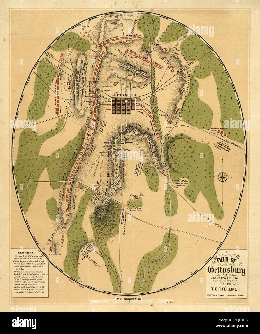 A map of the Battle of Gettysburg. The Battle of Gettysberg represented the end of the Confederate troops northern movement and their defeat at Gettysburg is often seen as the turning point of the war. The battle saw 200,000 men meet in combat, with a combined death count of 8000. Stock Photo