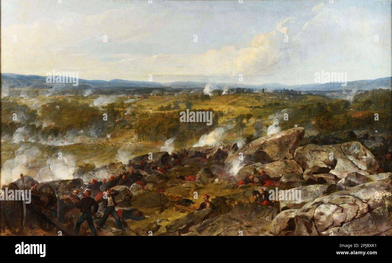 Battle of Gettysburg painting  by Peter Frederick Rothermel, The Battle of Gettysberg represented the end of the Confederate troops northern movement and their defeat at Gettysburg is often seen as the turning point of the war. The battle saw 200,000 men meet in combat, with a combined death count of 8000. 1870 Stock Photo