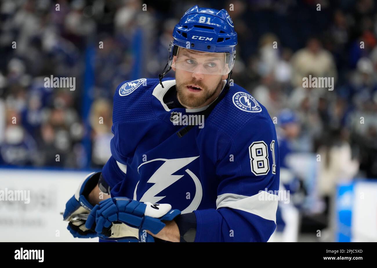 Tampa Bay Lightning defenseman Erik Cernak (81) before an NHL hockey