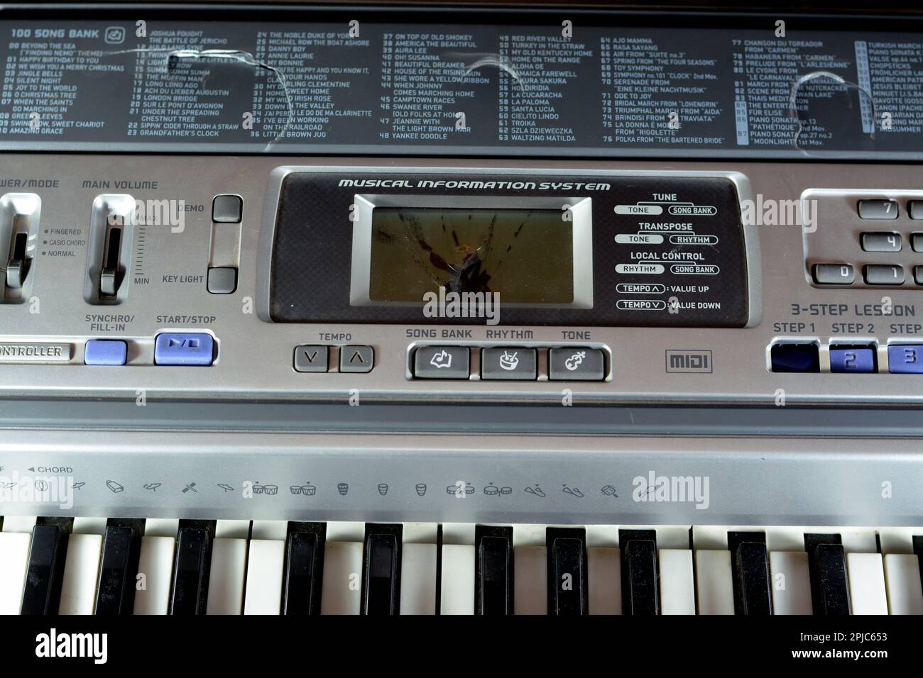 Cairo, Egypt, April 1 2023 Broken electronic musical keyboard, cracked
