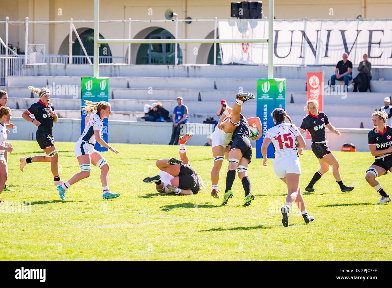 Madrid, Spain. 01st Apr, 2023. USA and Canada women's rugby teams in action during the rugby