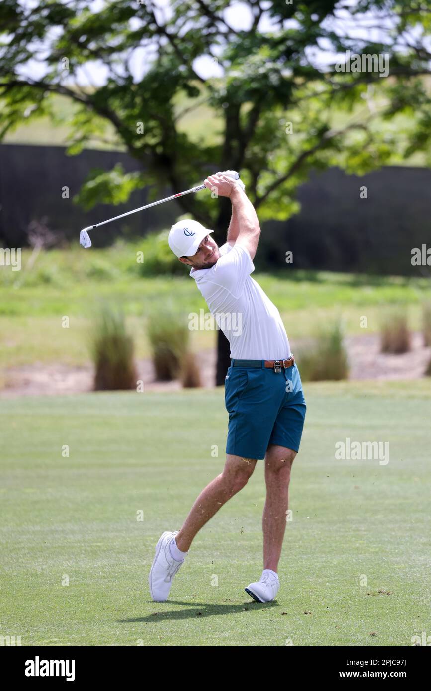 Laurie Canter of Cleeks GC hits out of the fairway on the second hole