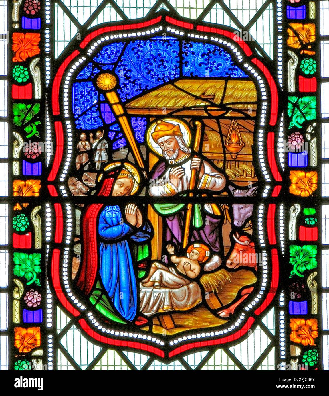 Birth of Jesus, stained glass window, 1860, The Nativity, Christmas, Fakenham, Norfolk, England, UK Stock Photo