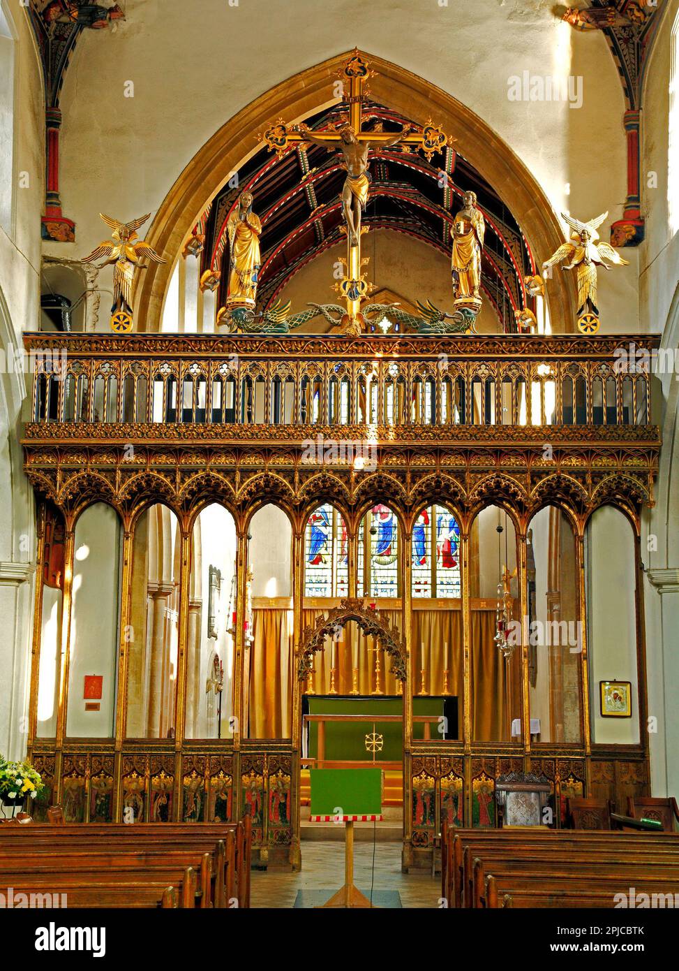 Eye, Suffolk, medieval rood screen, vaulting and loft, partially rebuilt by Sir Ninian Comper 1925, England, UK Stock Photo