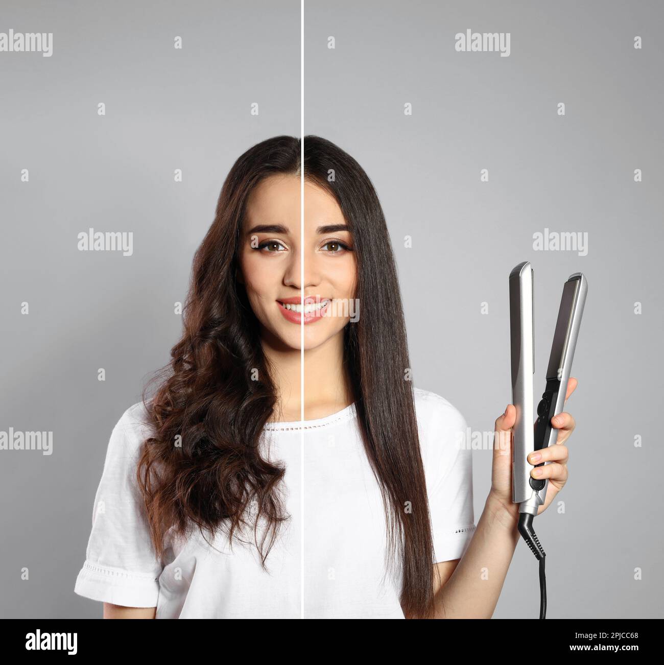 Collage with photos of woman with curly and straight hair before and after using hair iron on