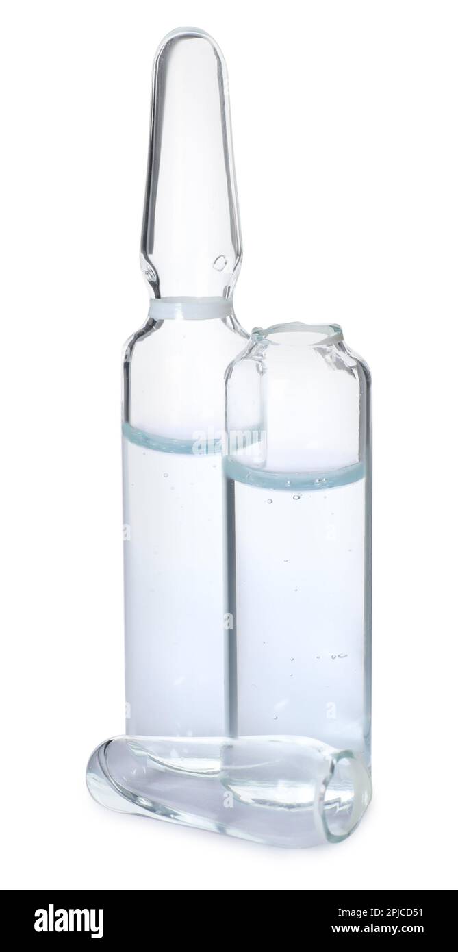 Open and closed glass ampoules with pharmaceutical product on white