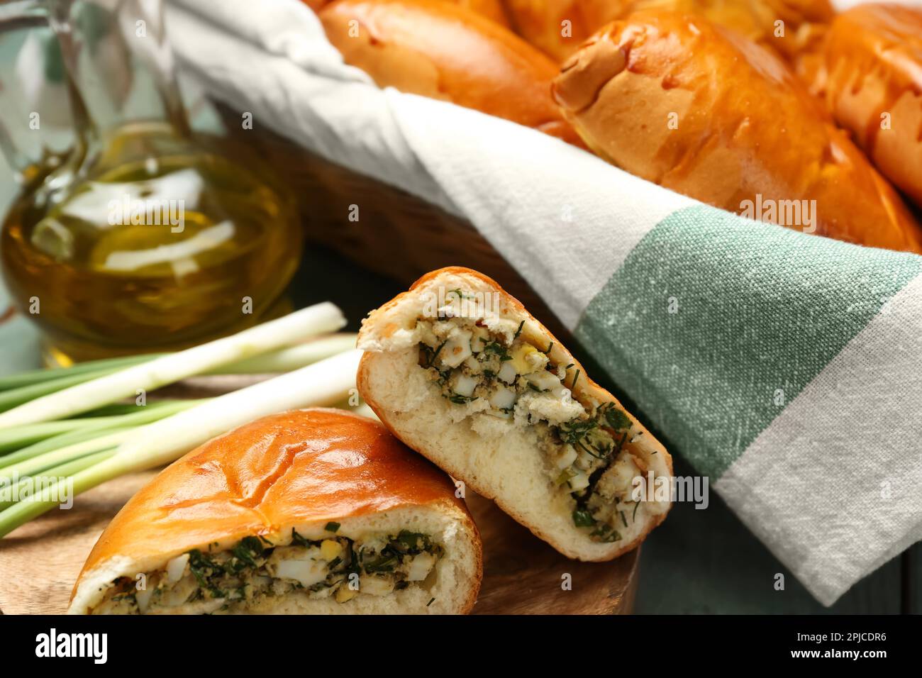 Delicious baked patties with eggs, closeup view Stock Photo