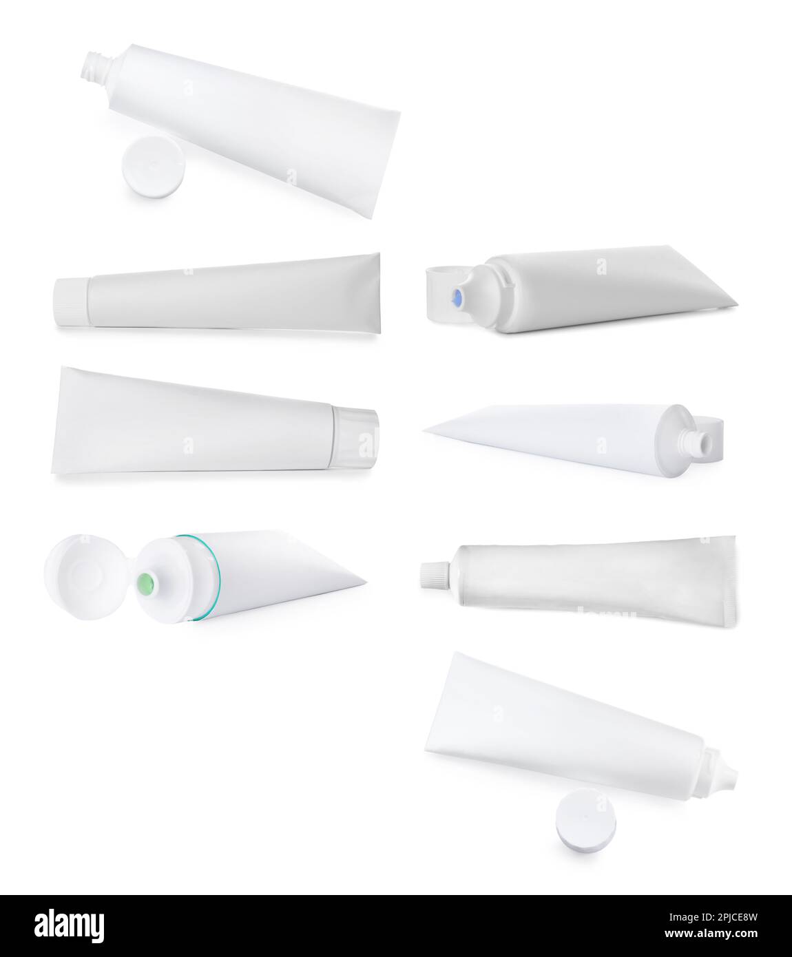 Collage with different toothpastes on white background Stock Photo - Alamy