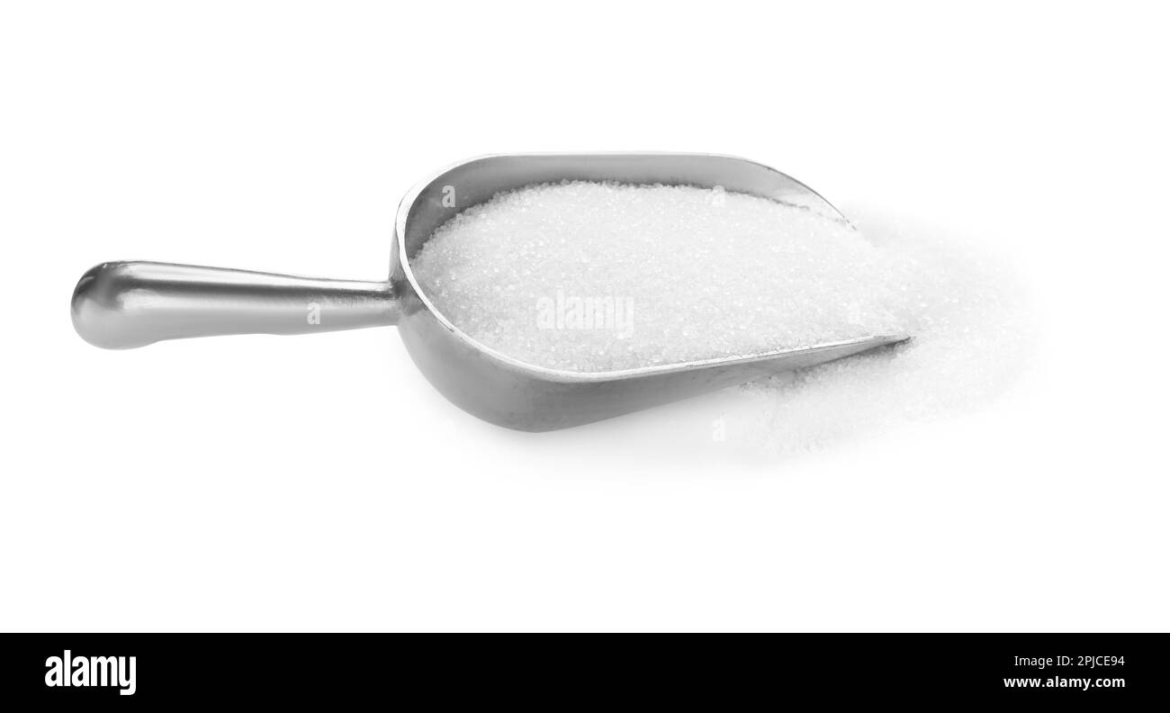 Metal scoop and granulated sugar isolated on white Stock Photo