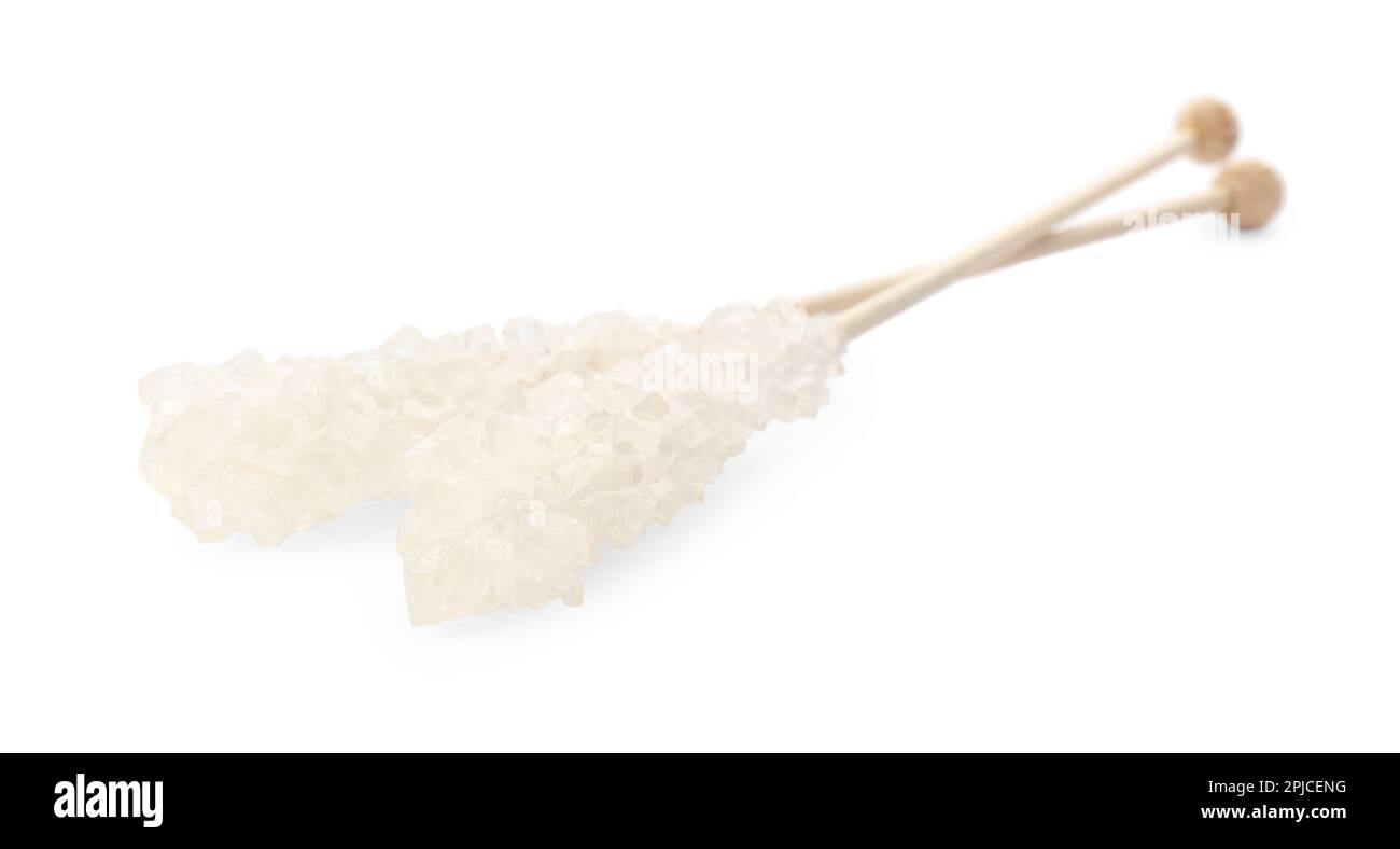 Tsaty Rocks Wooden sticks with sugar crystals isolated on white. Tasty rock candies ...