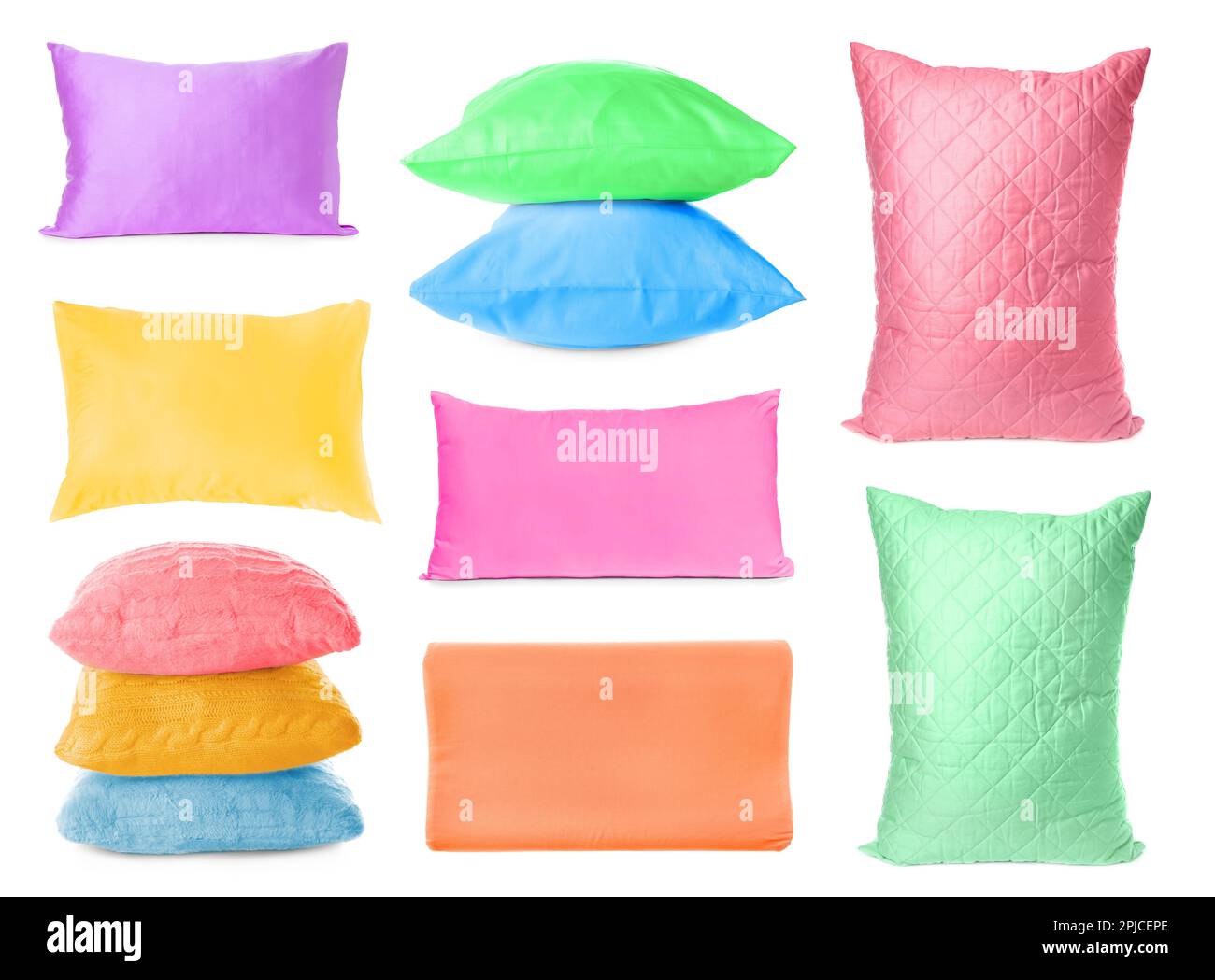 Set with different soft pillows on white background Stock Photo