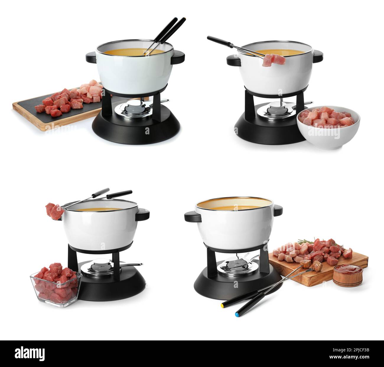 Set with fondue pots and meat on white background Stock Photo Alamy