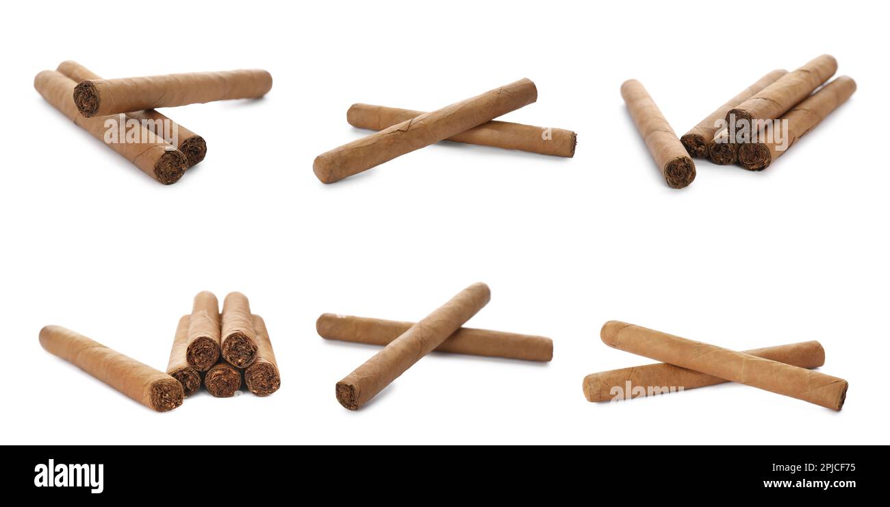 Set of cigars wrapped in tobacco leaves on white background. Banner