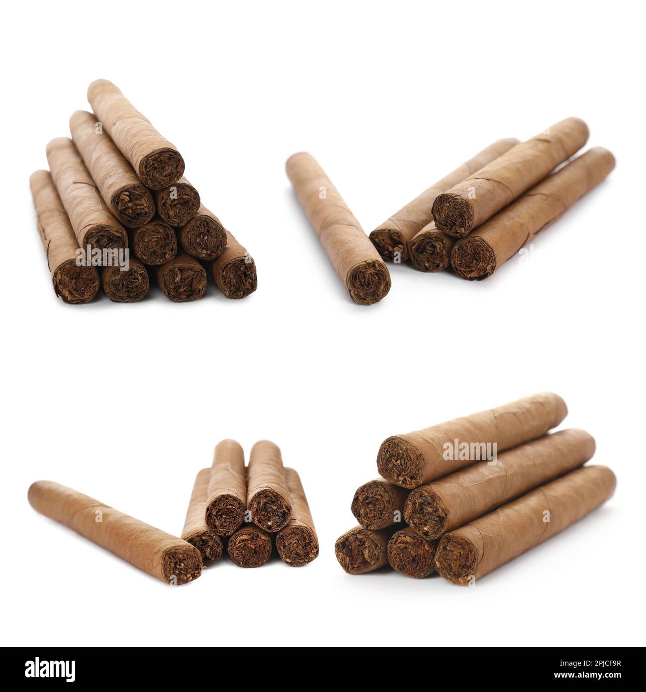 Set of cigars wrapped in tobacco leaves on white background Stock Photo
