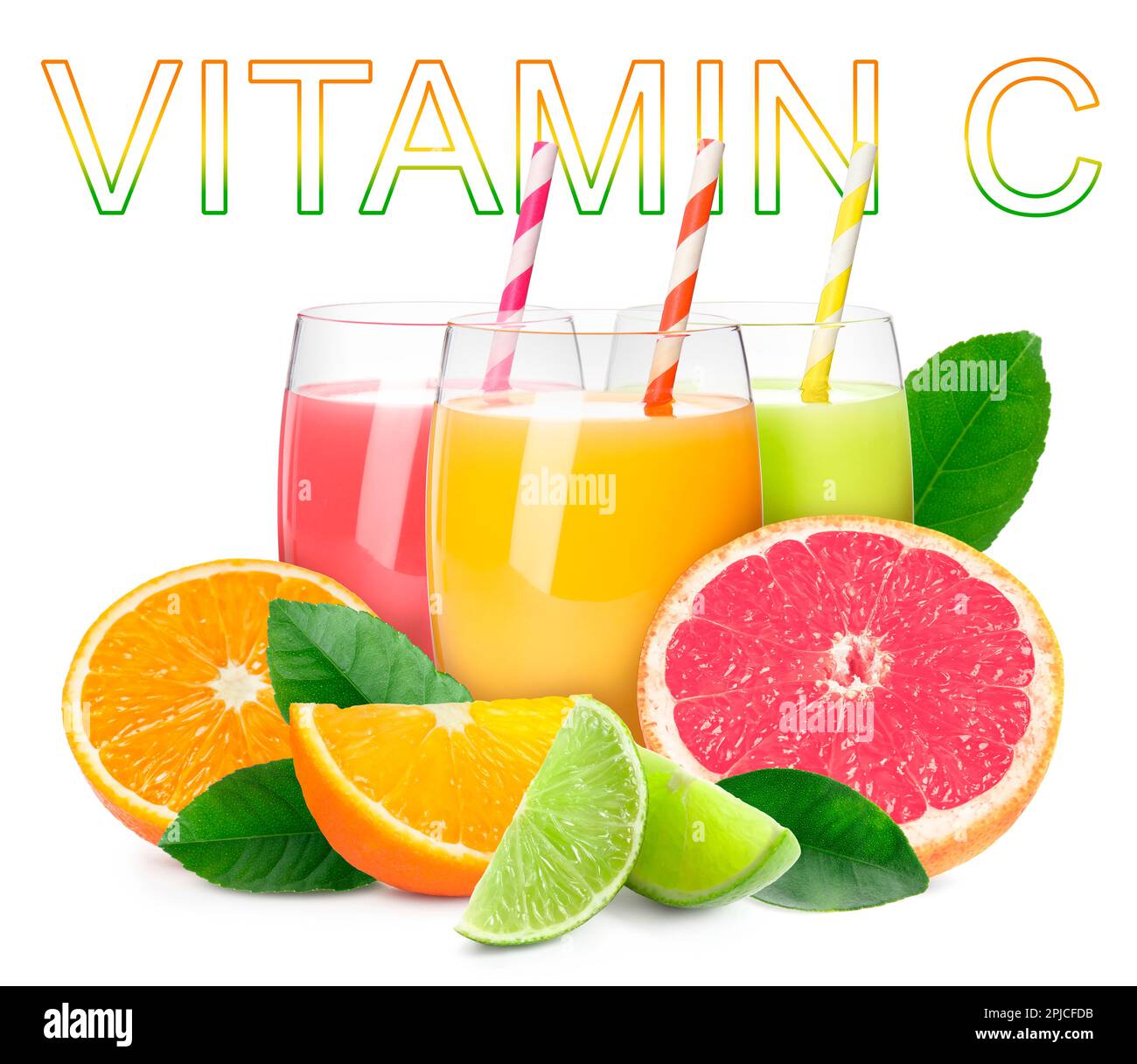 Source of Vitamin C. Glasses of different citrus juice, fresh fruits and green leaves on white