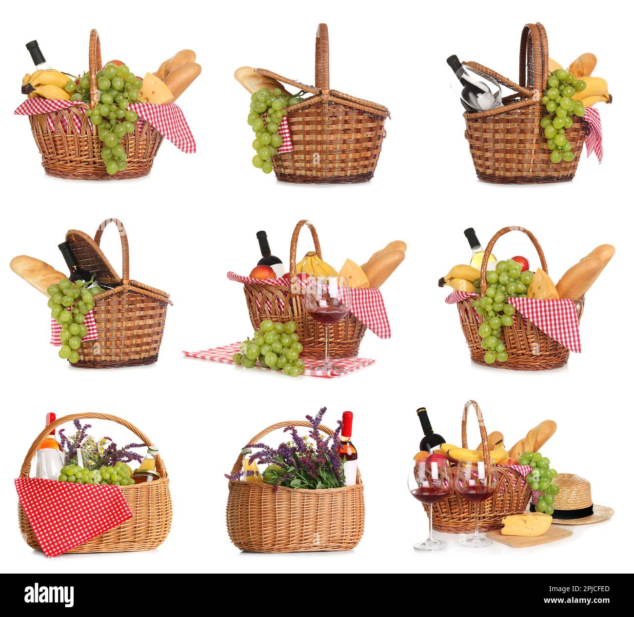 Set of picnic baskets with flowers, food and wine on white background ...