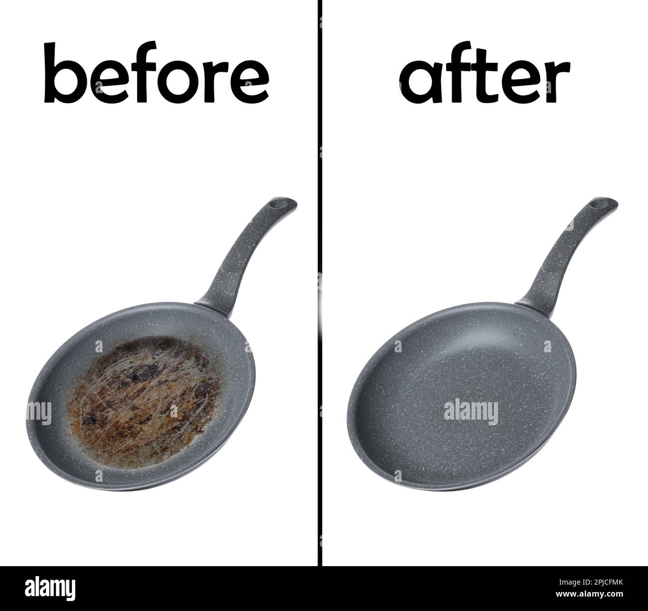 Frying pan before and after cleaning on white background, collage Stock