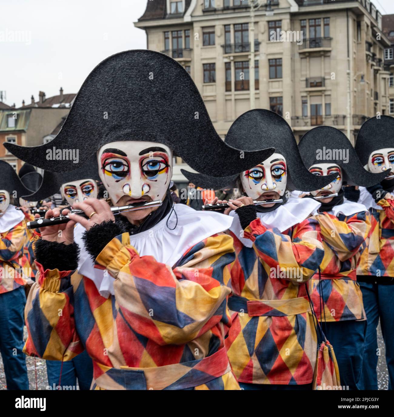 harlequin piccolo players at the Basel Switzerland Carnival or Fasnacht ...
