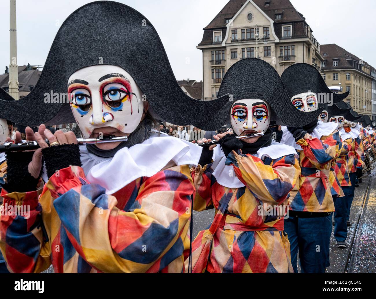 harlequin piccolo players at the Basel Switzerland Carnival or Fasnacht ...