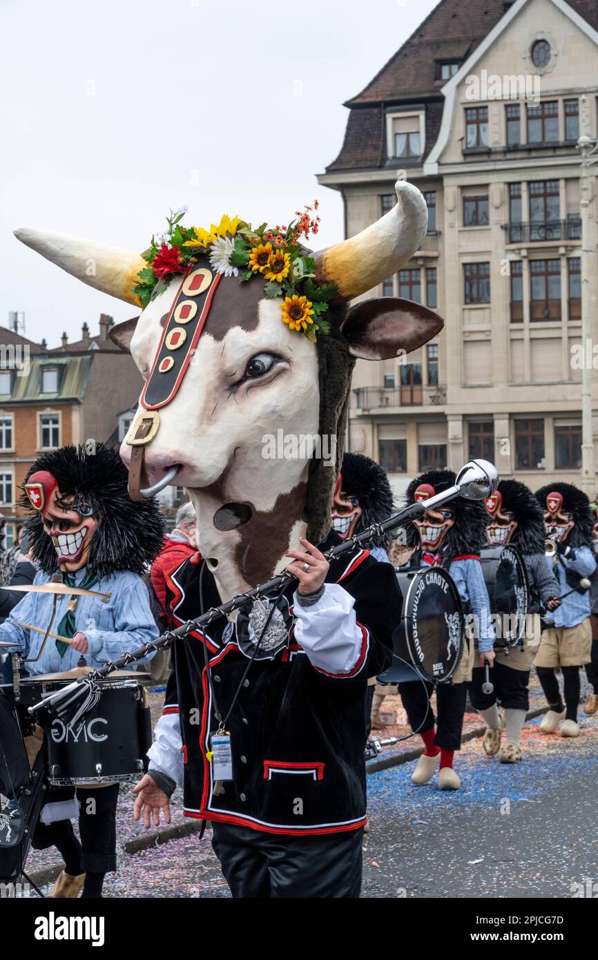Basel Switzerland Carnival or Fasnacht parade drum major and drummers ...