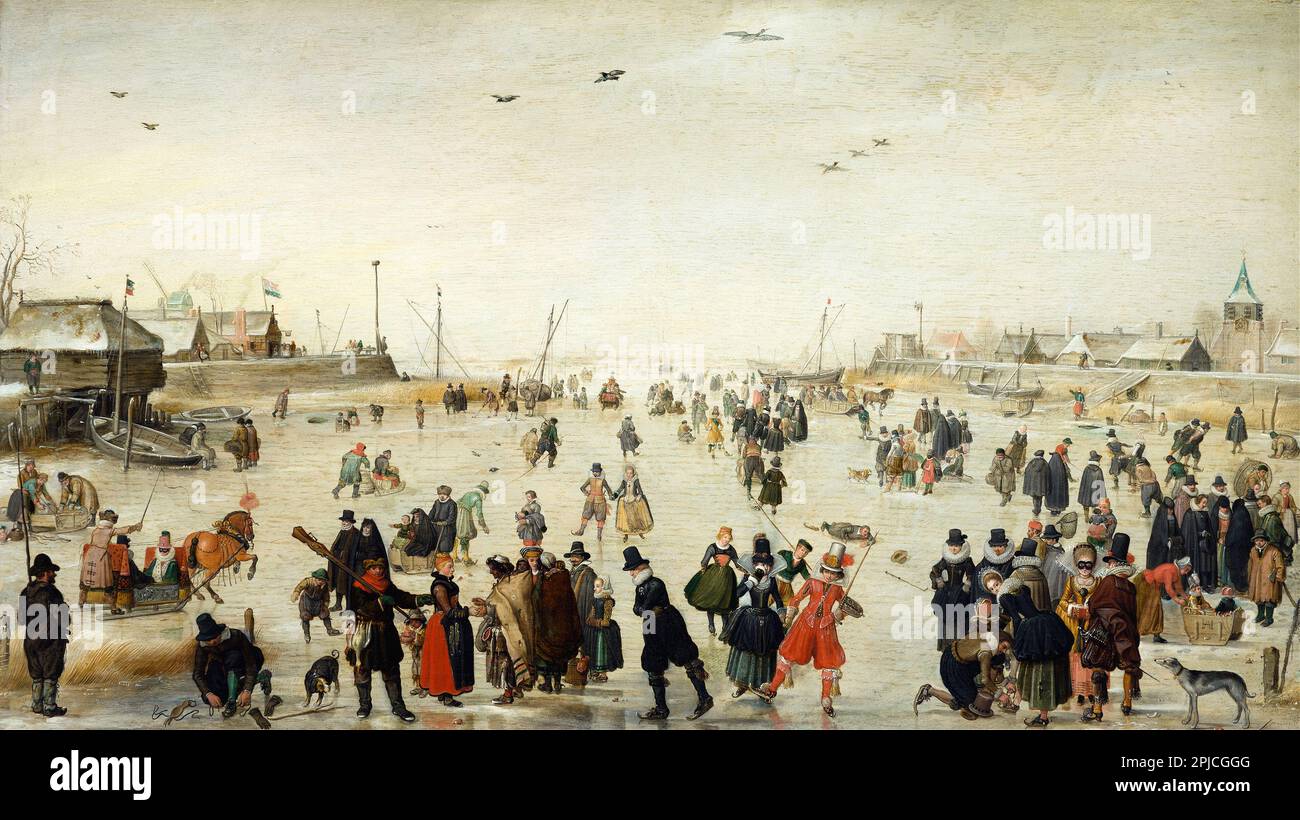 Winter Scene on a Frozen Canal  painted by the 16th Century Dutch painter Hendrick Avercamp. Avercamp was deaf and mute and was known as "de Stomme van Kampen" (the mute of Kampen). Stock Photo