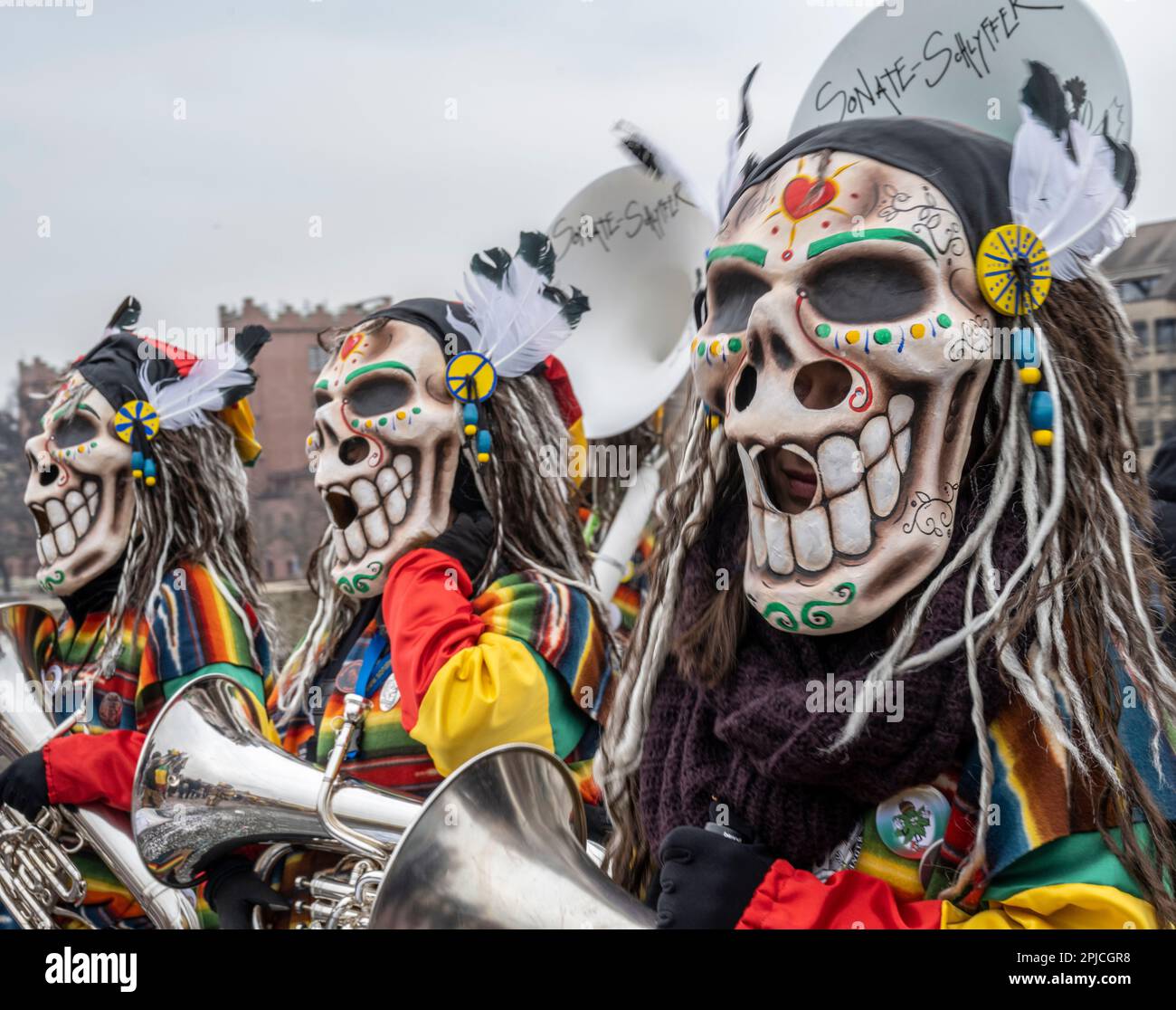 Mexico Day of the Dead masks at the Basel Switzerland Carnival or Fasnacht parade Stock Photo