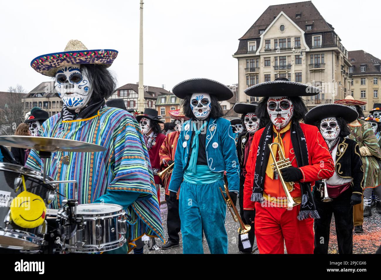 Mexico Day of the Dead masks at the Basel Switzerland Carnival or Fasnacht parade Stock Photo