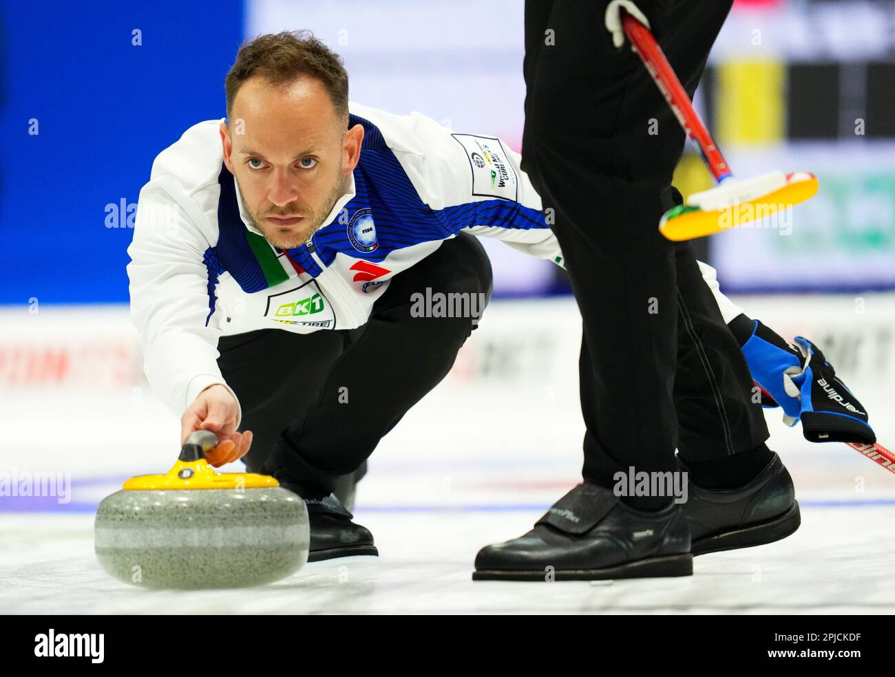 Ottawa, Can. 01st Apr, 2023. Italian skip Joel Retornaz throws while