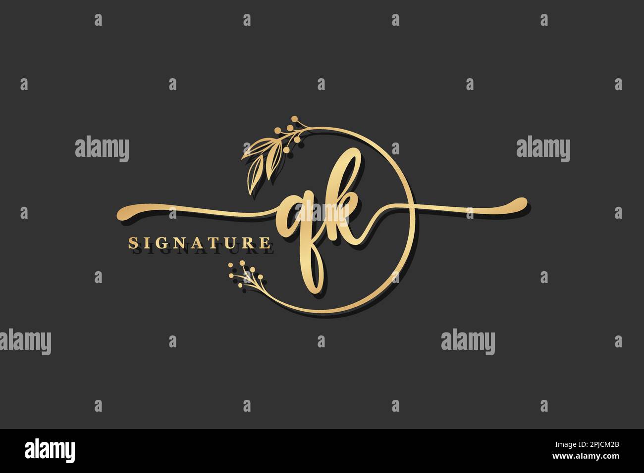 luxury gold signature initial qk logo design isolated leaf and flower Stock Vector