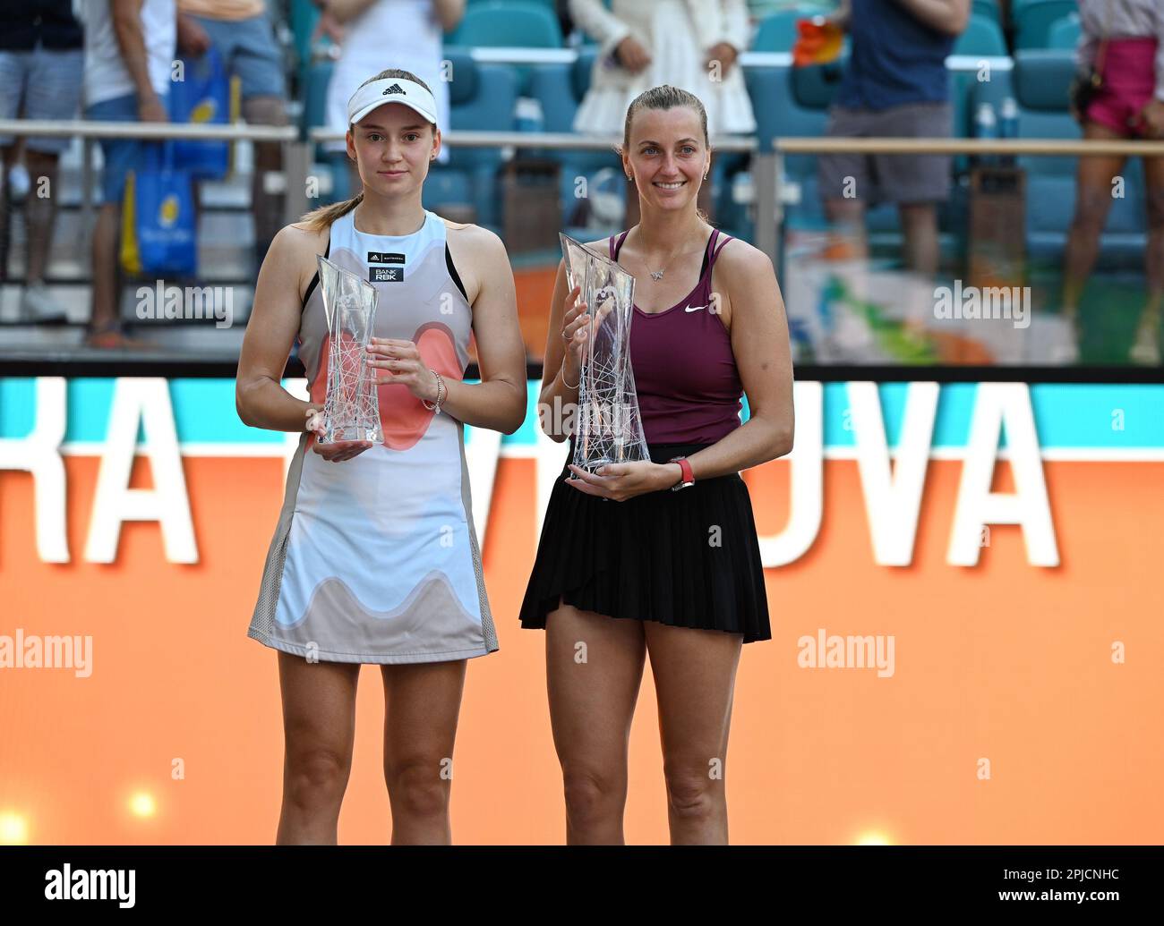 Miami Gardens FL, USA. 01st Apr, 2023. Petra Kvitova poses with the Championship Trophy after