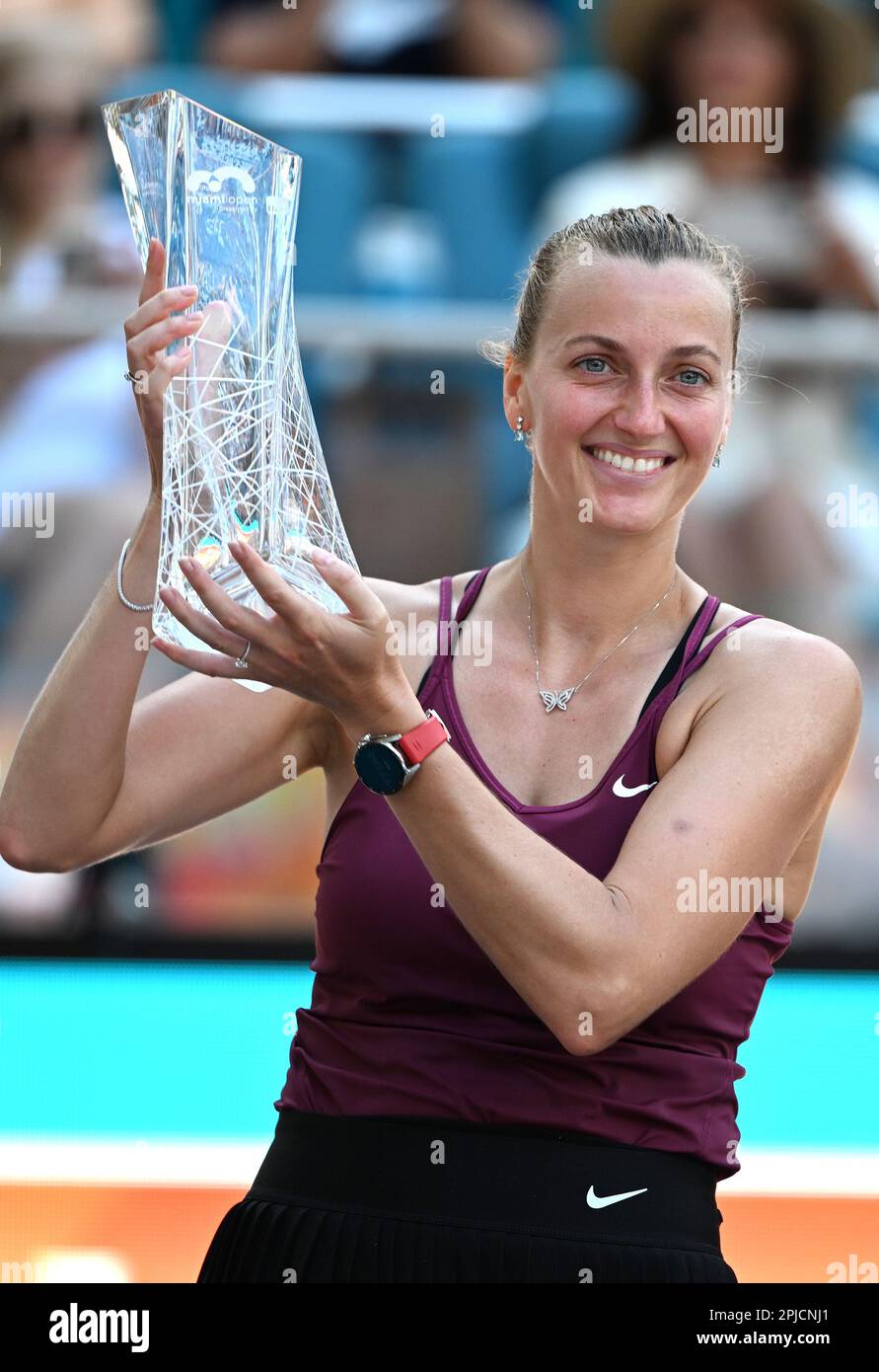 Miami Gardens FL, USA. 01st Apr, 2023. Petra Kvitova poses with the Championship Trophy after