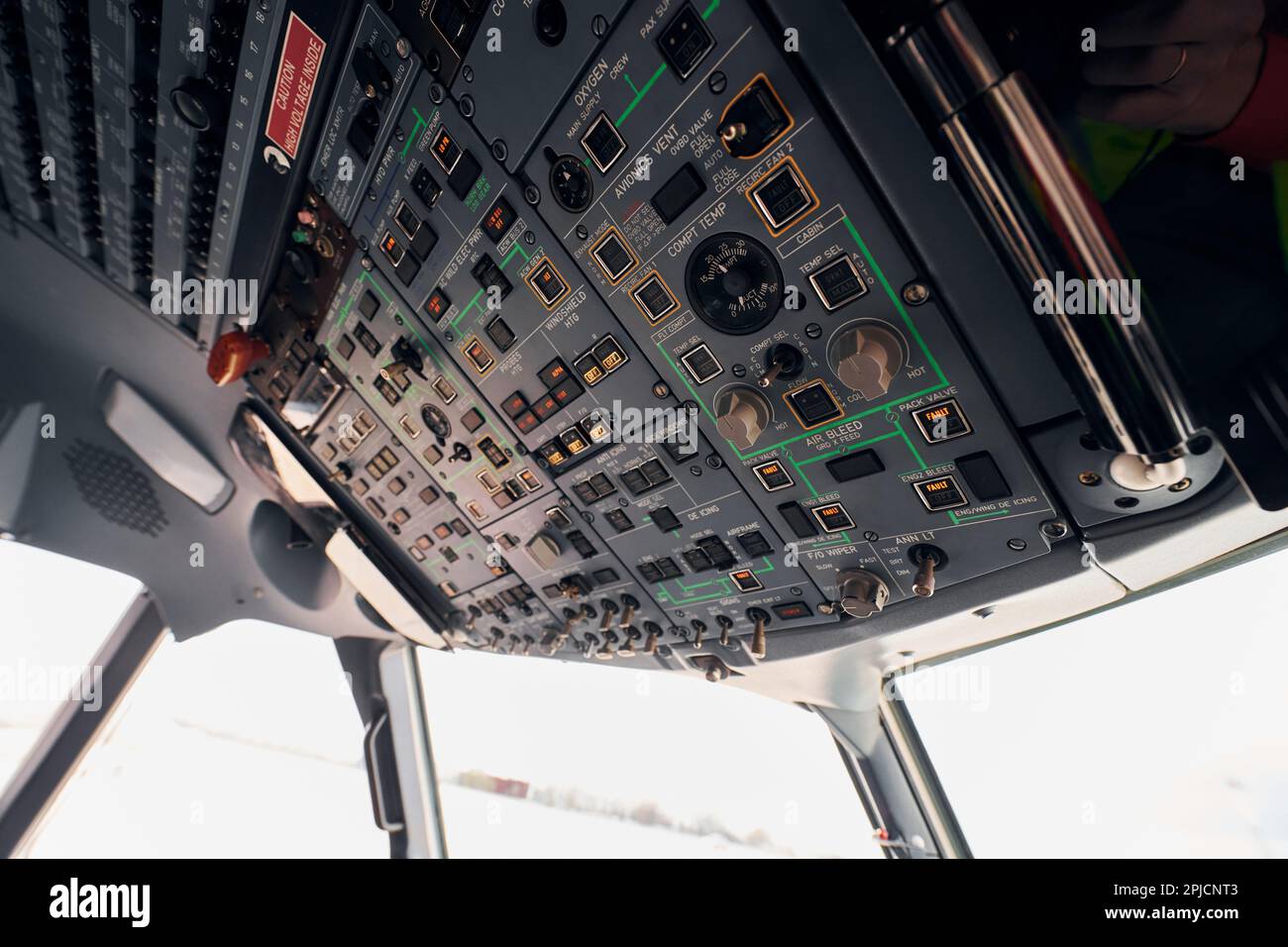 Control panel. Close up focused view of airplane cockpit Stock Photo ...